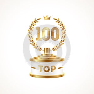 Top 100 award cup. Golden award trophy with laurel wreath and crown - isolated on white background.